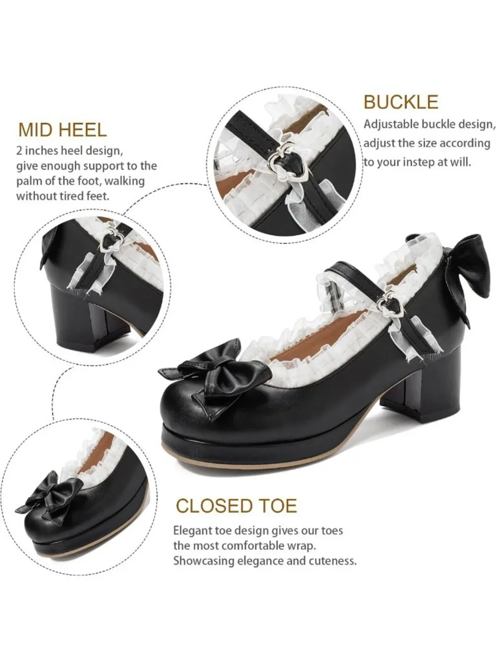 Kawaii Mid Block Heel Mary Jane Pumps with Bow | Rockabilly Style Shoes for